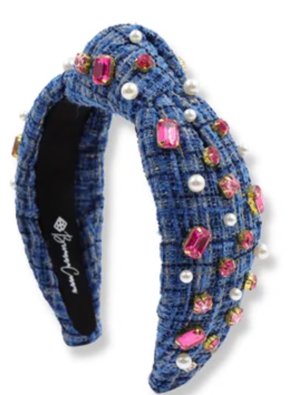 Brianna Cannon Blue Tweed Headband with Hot Pink Crystals & Pearls